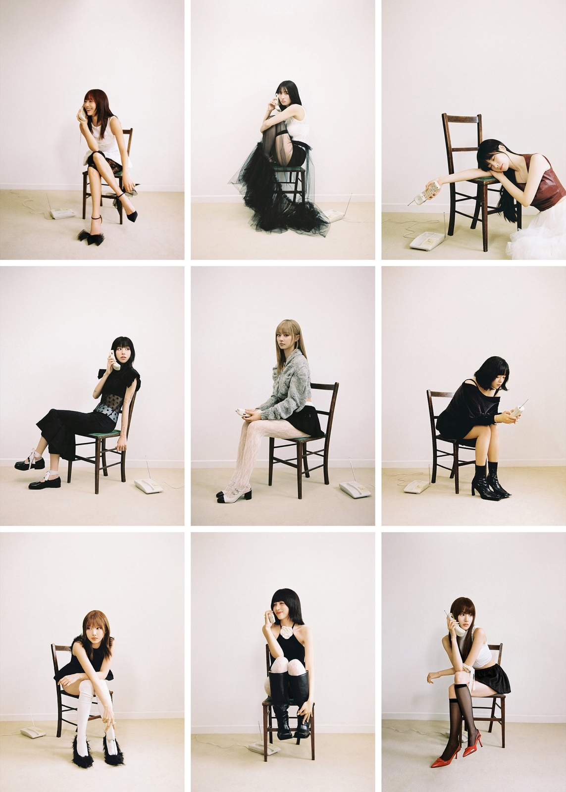 Nine K-pop performers photographed individually while seated beside telephones.